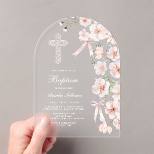 Bleke Roze Wilde Bloemen en Boog Doop Acryl Uitnodigingen