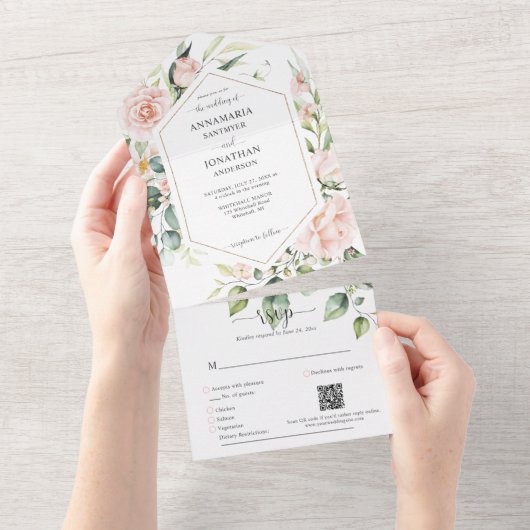 Bleke Rozen bruiloft All In One Uitnodiging (Afscheurbaar)