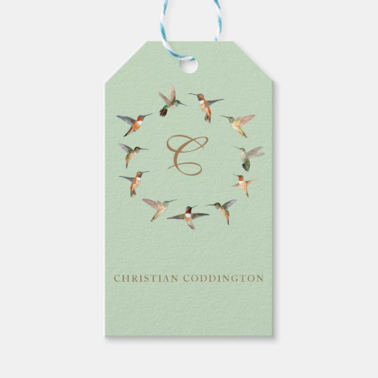Bleke Sage Monogram Kolibrie Cadeaulabel (Voorkant)