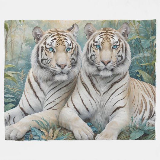 Bleke tijgers in een blauw groen Oerwoud Fleece Deken (Voorkant (Horizontaal))