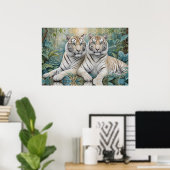 Bleke tijgers in een blauw groen Oerwoud Poster (Thuiskantoor)