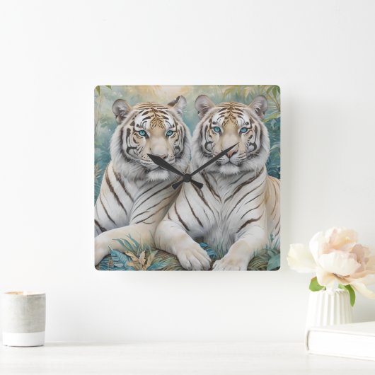 Bleke tijgers in een blauw groen Oerwoud Vierkante Klok (Huis)
