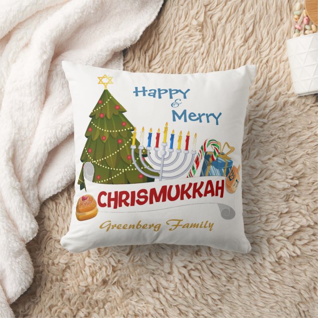 Blended Holiday Chrismukkah Tree, Menorah, Dreidel Kussen (Deken)
