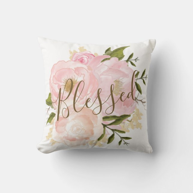 BLESSED / Blush roze Waterverf Floral Peonies Kussen (Voorkant)