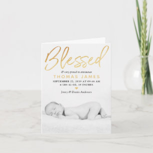 "Blessed" Gold Foil Photo Birth Announcement Feestdagen Kaart