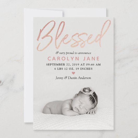 "Blessed" Roos Gold Foil Fotoaankondiging Aankondiging (Voorkant)
