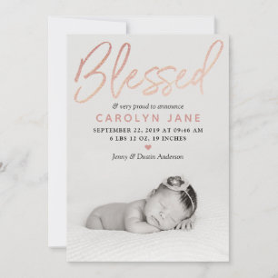 "Blessed" Roos Gold Foil Fotoaankondiging Aankondiging