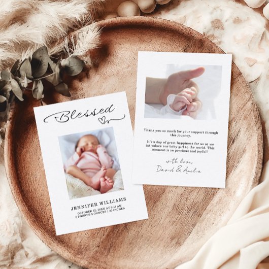 Blessed Script Flat Baby Birth Announcement Kaart