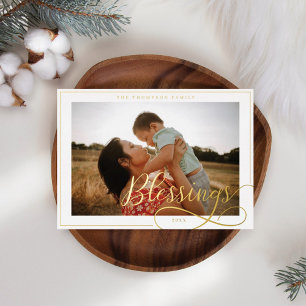 Blessenaar Elegant Script Calligraphy Family Foto Folie Feestdagenkaart