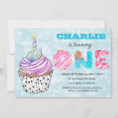 Bleu 1er anniversaire Cute Cup Cake Invitation (Devant)