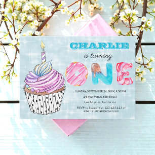 Bleu 1er anniversaire Cute Cup Cake Invitation