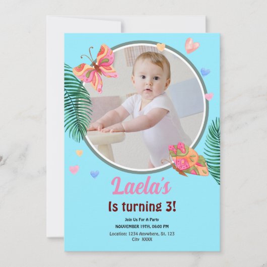 Bleu 1er anniversaire Papillon Invitation avec pho (Devant)