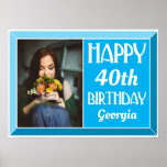 Bleu 40ème Beveled Art Déco Photo Anniversaire<br><div class="desc">Décorez votre fête avec cette affiche photo d'anniversaire Bleue 40ème Art Déco. Customisez avec l'âge,  le nom et la photo préférée de la personne d'anniversaire. Il dispose d'une police Art déco moderne avec une bordure biseautée élégante.</div>