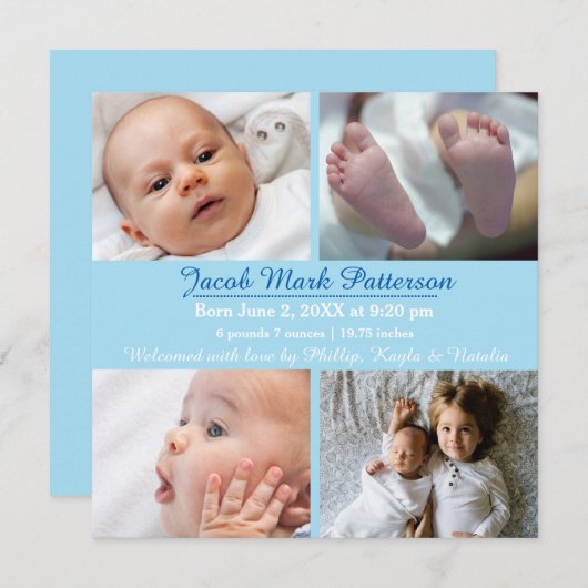 Bleu 4 photos - Faire-part de naissance (Devant / Derrière)