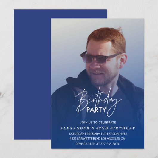 Bleu 62ème anniversaire invitation Anniversaire Ph (Devant / Derrière)