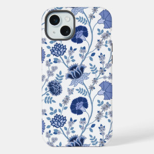 Bleu à motif floral jacobéen sur fond blanc