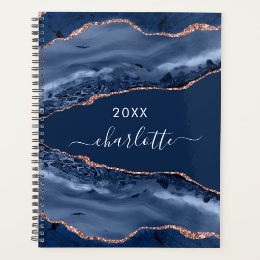 Bleu agate marbre rose or nom script 2025 (Devant)