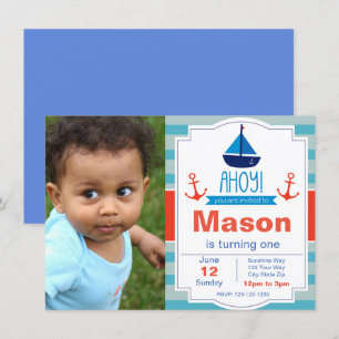 Bleu Ahoy Invitation à l'anniversaire avec photo