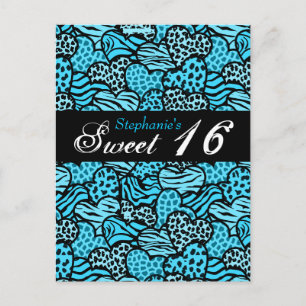 Bleu animal Coeurs motifs Sweet 16 Carte postale
