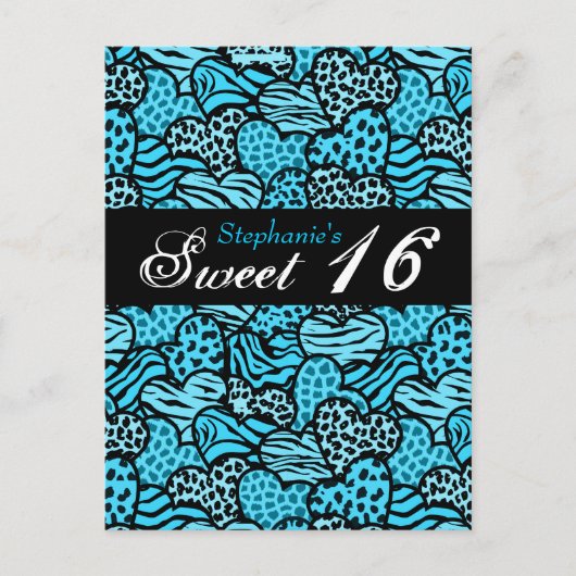 Bleu animal Coeurs motifs Sweet 16 Carte postale (Devant)