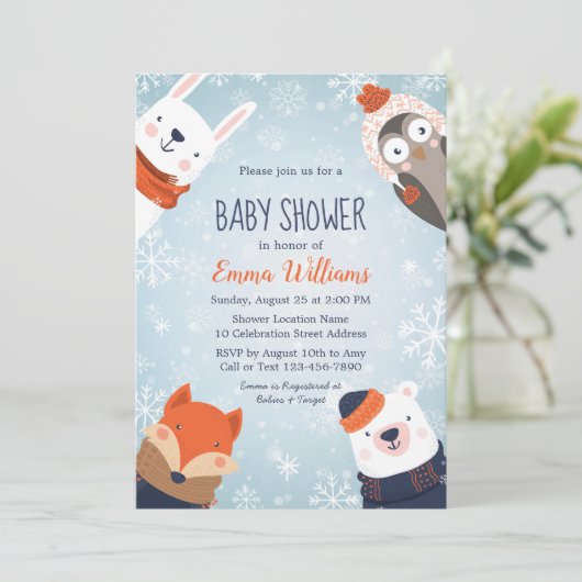Bleu Animaux d'hiver Baby shower Invitation - Bleu (Debout devant)