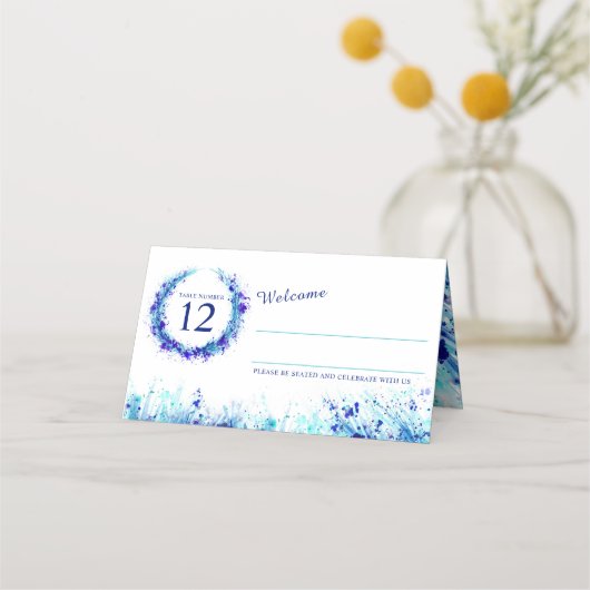 Bleu aqua aquarelle herbe mariage cartes place (Devant)