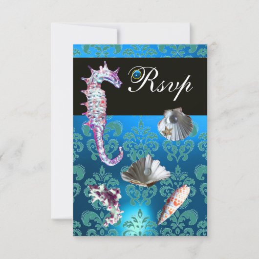 BLEU AQUAMARINE DAMASK BEACH MARIAGE RSVP (Devant)