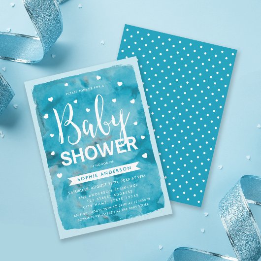 Bleu Aquarelle Coeurs Baby shower Invitation