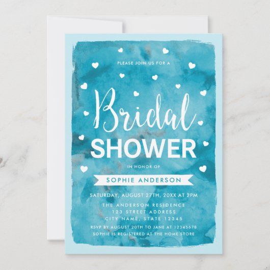 Bleu Aquarelle Coeurs Douche nuptiale Invitation (Devant)