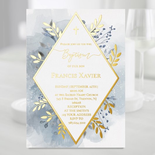 bleu aquarelle feuillage Baptême Foil Invitation