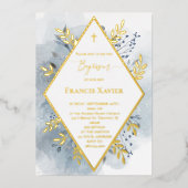 bleu aquarelle feuillage Baptême Foil Invitation (Recto)