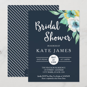 Bleu Aquarelle Florale Douche nuptiale Invitation