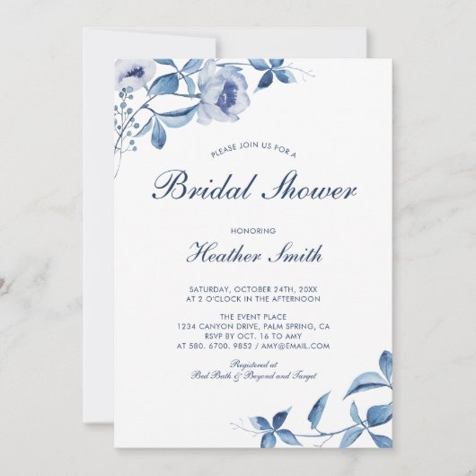 Bleu Aquarelle Florale Douche nuptiale Invitation (Devant)