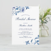 Bleu Aquarelle Florale Douche nuptiale Invitation (Debout devant)