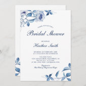 Bleu Aquarelle Florale Douche nuptiale Invitation (Devant / Derrière)