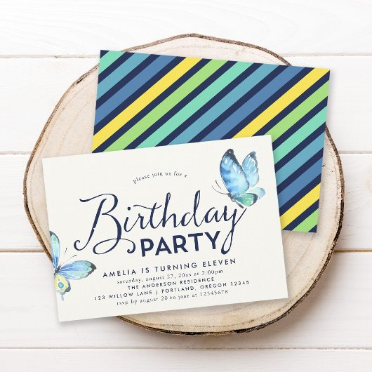 Bleu Aquarelle Papillons Invitation Anniversaire