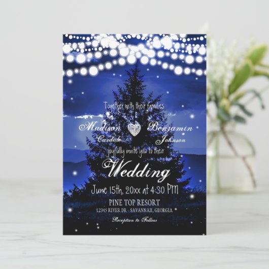Bleu arbre Twinkle Faire-part de mariage (Debout devant)