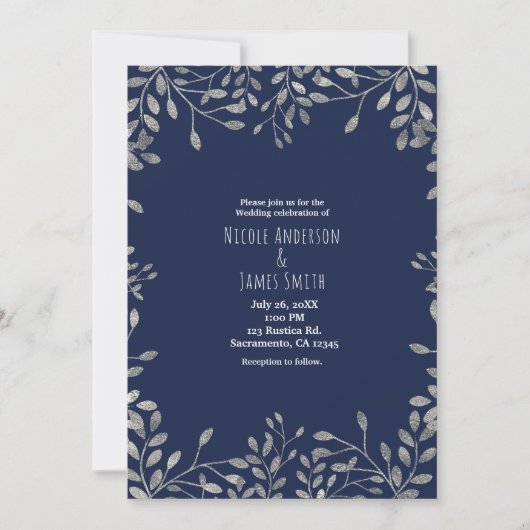 Bleu & Argent Botanique Moderne Mariage Invitation (Devant)
