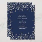 Bleu & Argent Botanique Moderne Mariage Invitation (Devant / Derrière)