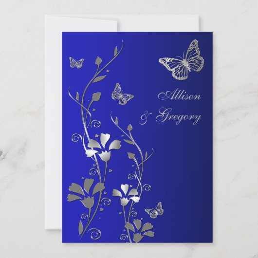 Bleu, Argent Floral Papillons Faire-part de mariag (Devant)