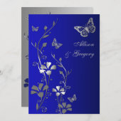 Bleu, Argent Floral Papillons Faire-part de mariag (Devant / Derrière)