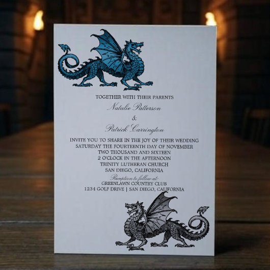 Bleu Argent Médiéval Dragon Mariage Invitation