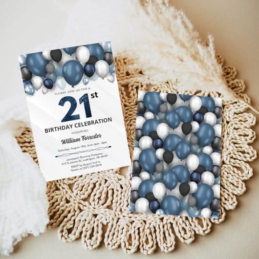 Bleu Argent Noir & Blanc Invitation 21e Anniversai