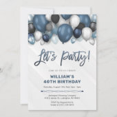 Bleu Argent Noir & Blanc Invitation Anniversaire (Devant)