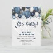 Bleu Argent Noir & Blanc Invitation Anniversaire (Debout devant)