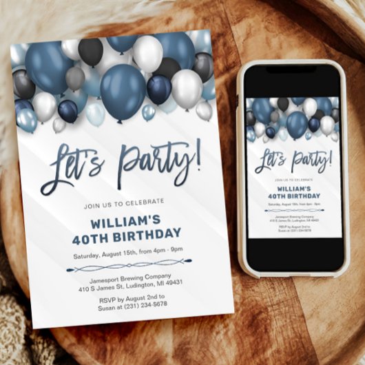Bleu Argent Noir & Blanc Invitation Anniversaire