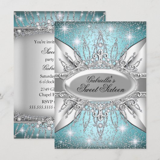Bleu & Argent Sparkle Diamond Sweet 16 Invitation (Devant / Derrière)