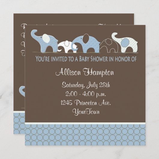 Bleu avec invitation Brown à la douche bébé élépha (Devant / Derrière)