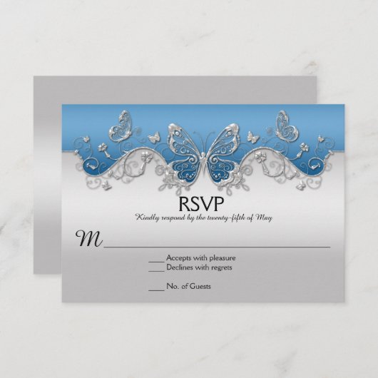 Bleu avec papillons en argent orné Carte RSVP (Devant / Derrière)