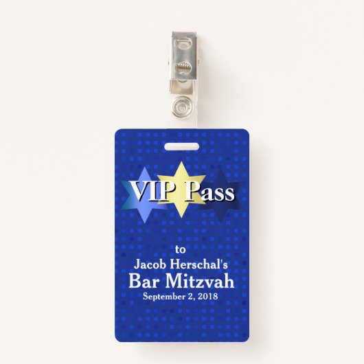 Bleu avec Stars Bar Mitzvah VIP Party Badge (Devant avec clip)